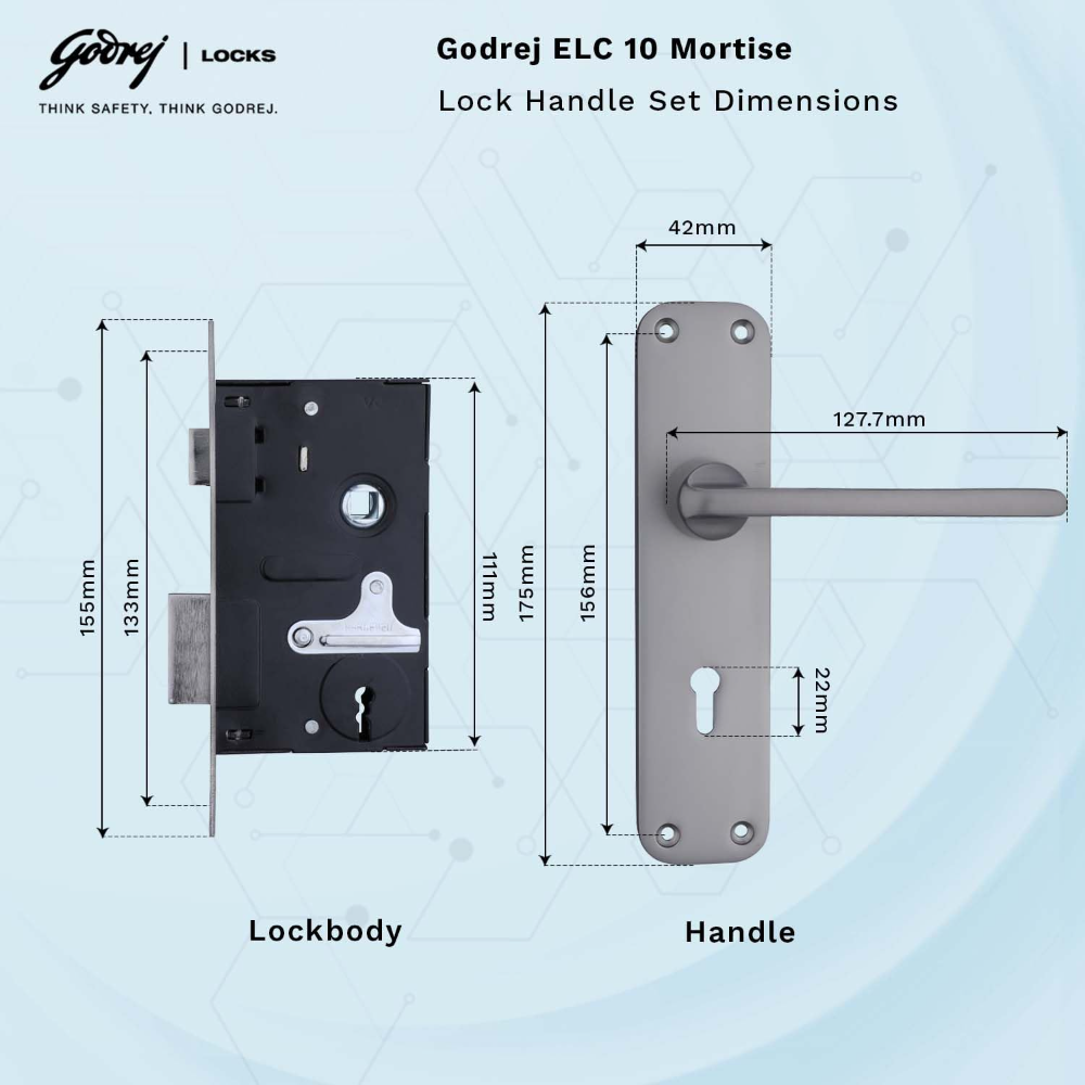 Godrej Mortise Lock I Door Handle Lock For Main & Internal Door | ELC 10 | 6-Lever Locking Mechanism | Reversible Latch | Lock For Wooden Doors (Matt Black Nickel Finish) | 1 Year Warrenty